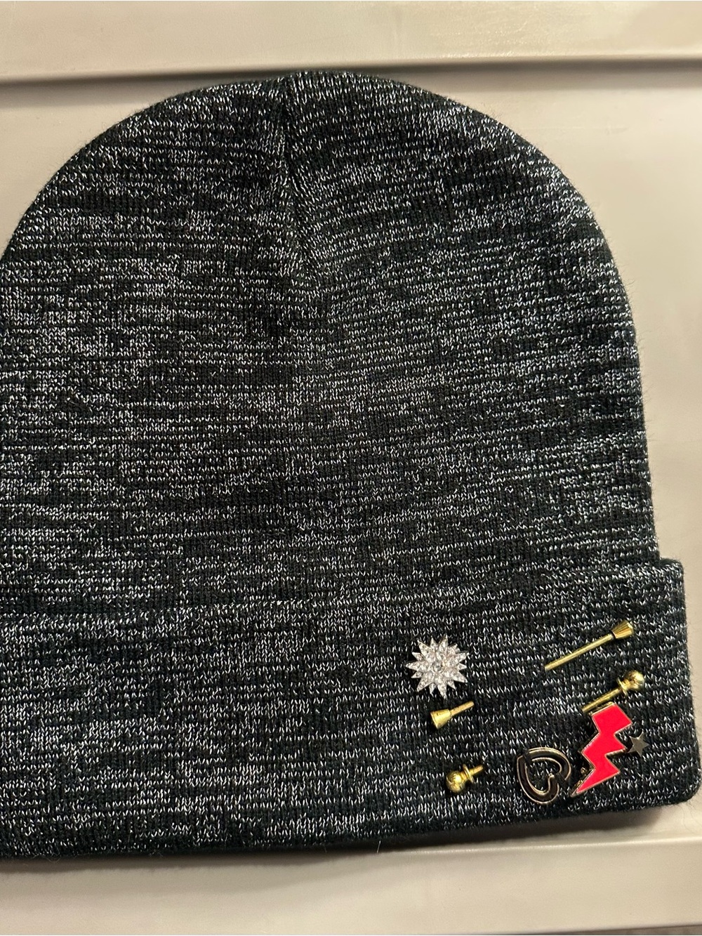 Gray Knit Beanie with Decorative Pins - Women's Hat